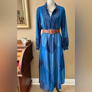 CEIBON Evita Patchwork Long Sleeve Shirt Dress Blue Size XL